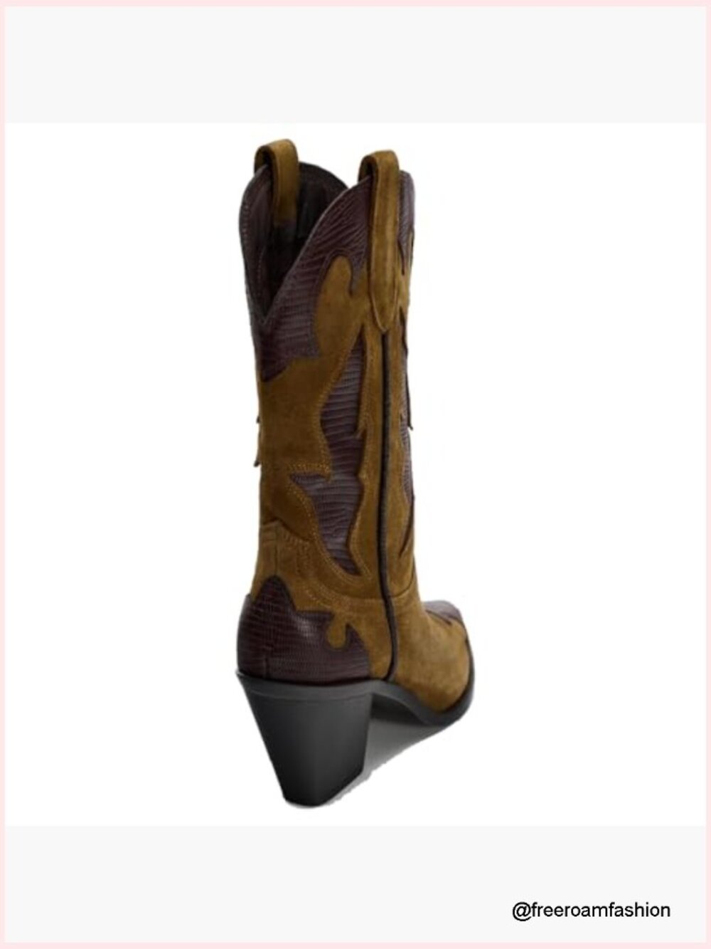 Brown Suede Cowboy Boots Embroidered Pointed Toe Chunky Heel Pull On - Picture 4 of 6